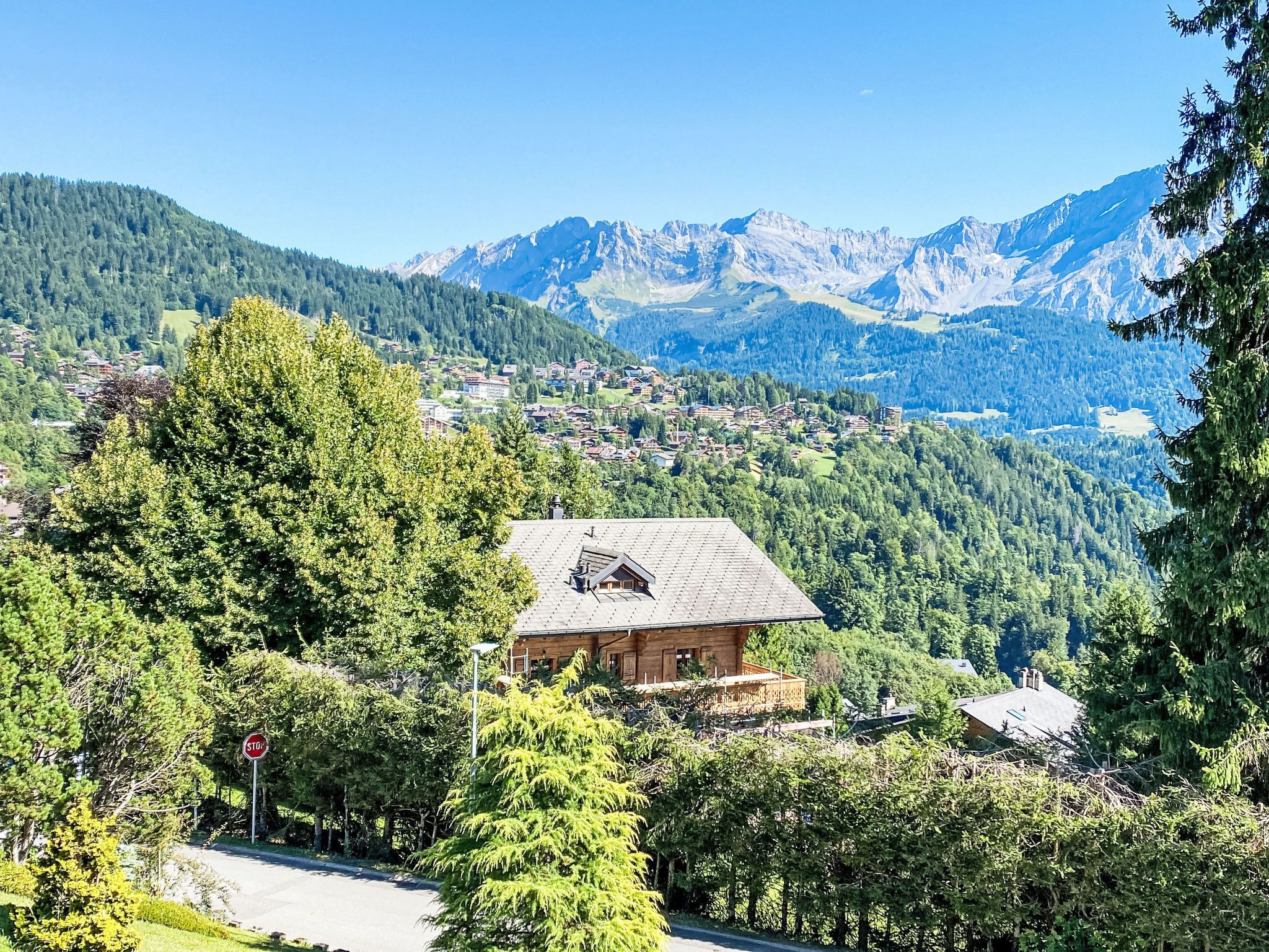 Ein Bergdorf mit einem Holthaus im Vordergrund, umgeben von üppigem Grün und freiem Blick auf schneebedeckte Berge im Hintergrund.