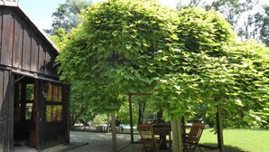 A wooden structure with a covered seating area and a pergola with climbing plants. - Chalet Fagarè, Pool, Sauna, Prosecco Hills (Cornuda)