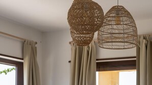Un salon moderne avec un canapé, une table basse en bois et une suspension en osier.