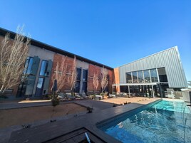 Outdoor pool, pool umbrellas, sun loungers