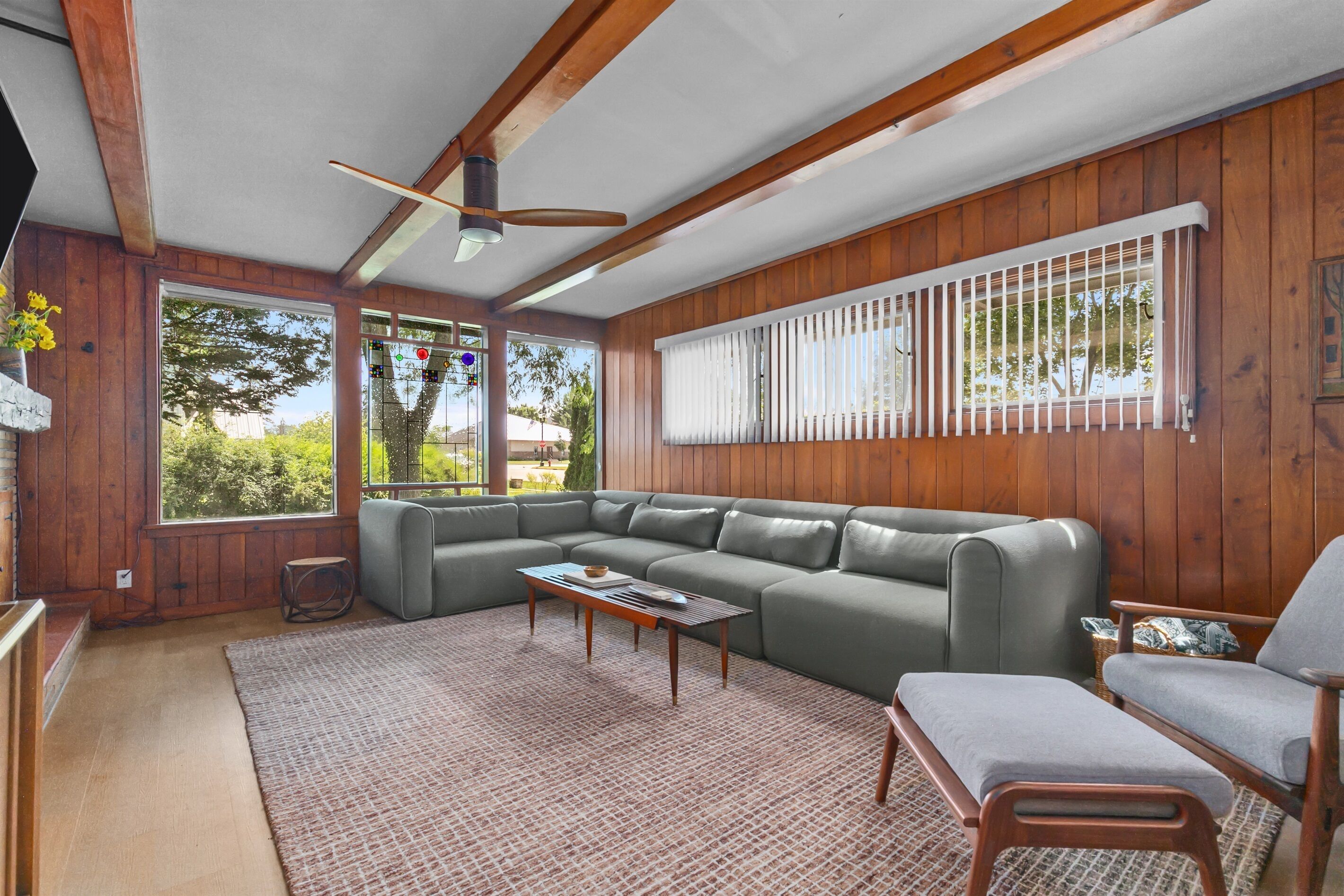 Smart TV, fireplace, books, offices