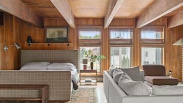 Smart TV, chimenea, libros, oficina