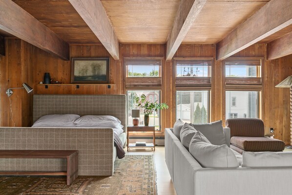 Smart TV, fireplace, books, offices