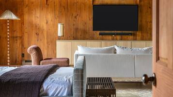 Smart TV, lareira, livros, escritórios