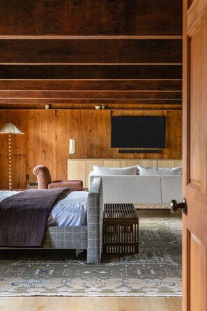 TV connectée, cheminée, livres, espaces bureaux