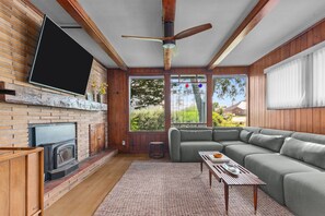 Smart TV, fireplace, books, offices