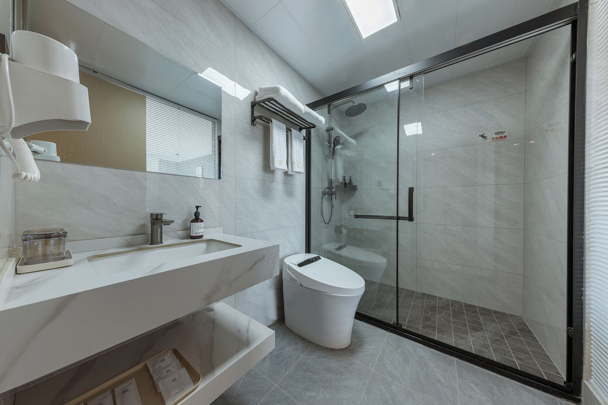 A modern bathroom with a glass-enclosed shower, a white sink, and a toilet.