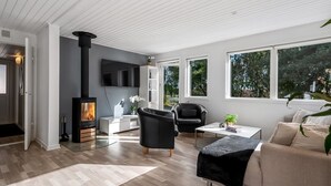 A modern living room with a fireplace, a TV, and a sofa.