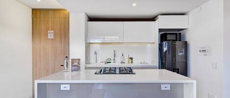 Fridge, microwave, stovetop, coffee/tea maker