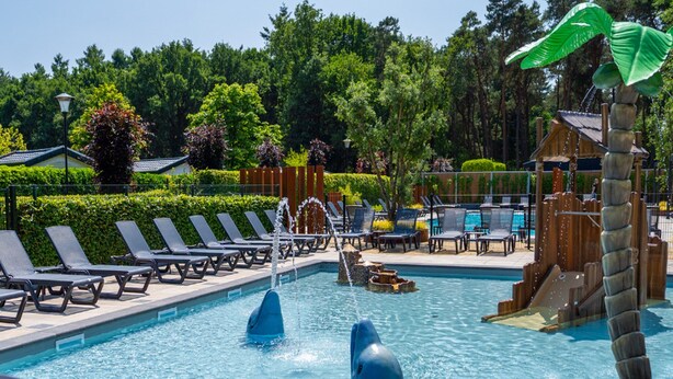 A swimming pool with lounge chairs and a dolphin fountain. - Peaceful Stay Near Trails (Veldhoven)