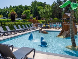 A swimming pool with lounge chairs and a dolphin fountain.