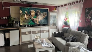 Smart-TV, DVD-Player, Bücher, Stereoanlage