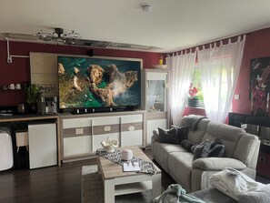 Smart-TV, DVD-Player, Bücher, Stereoanlage