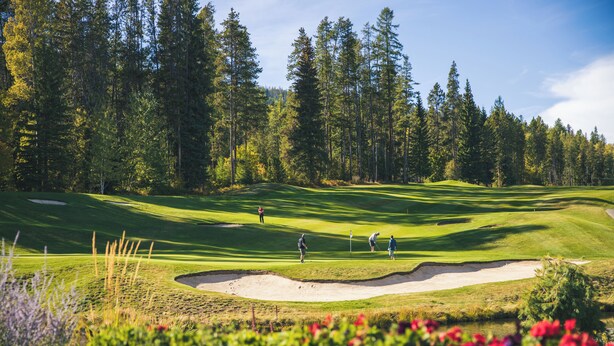 A golf course with sand bunkers, a pond, and dense trees in the background. - Ski, Bike, Golf, Repeat (Kimberley)