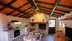 Una cocina con comedor, chimenea y televisor.