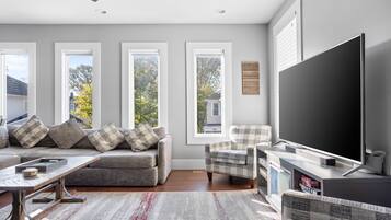 Fernseher, Kamin, Bücher, Arbeitsbereiche