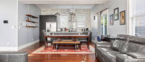 TV, fireplace, books, offices