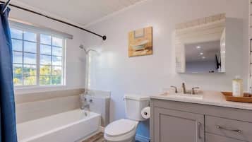 Chuveiro, secador de cabelo, toalhas de banho