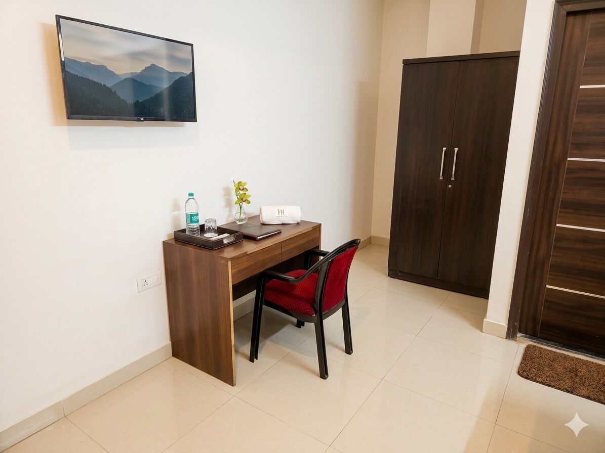 Ein Zimmer mit Schreibtisch, Stuhl, Fernseher, Kleiderschrank und einer kleinen Pflanze.