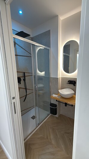 Shower, hair dryer, bidet, towels