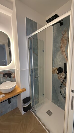 Shower, hair dryer, bidet, towels