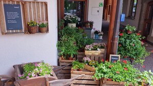 Un piccolo negozio con casse di legno e piante in vaso all'esterno.