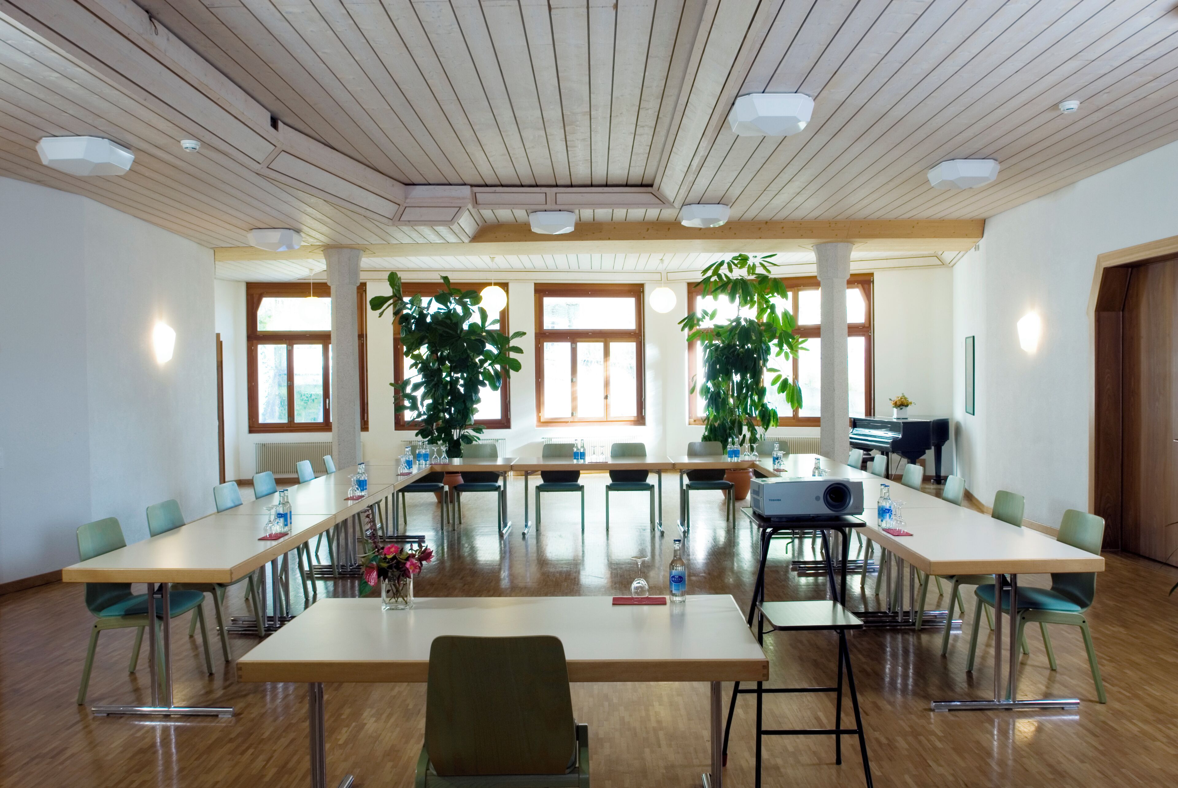 A conference room with a long table, chairs, and a projector. There are large windows and plants in the room.