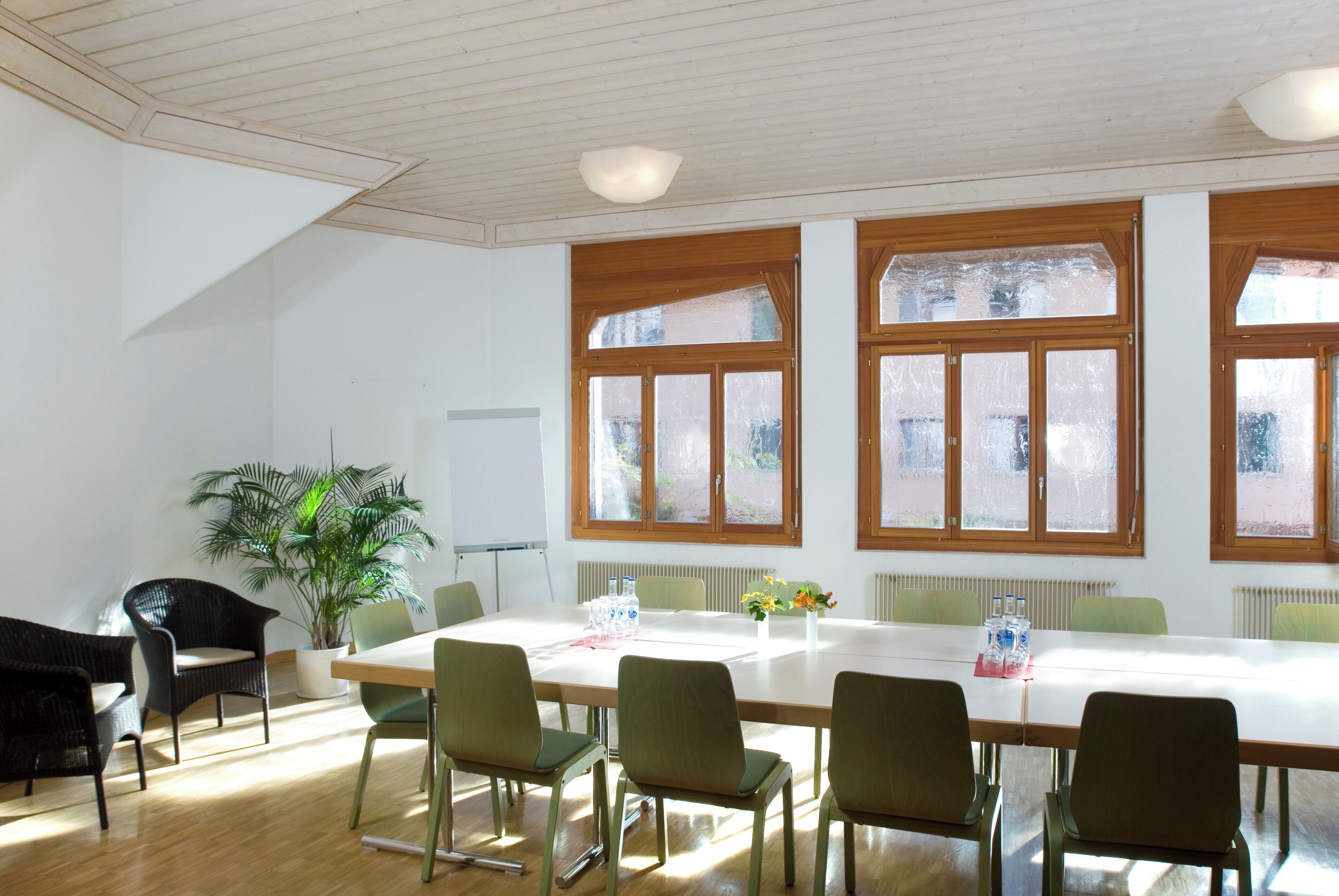 A conference room with a long table, several chairs, a potted plant, and large windows.