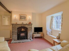 Una sala de estar con chimenea de piedra, televisión y ventana con cortinas florales.