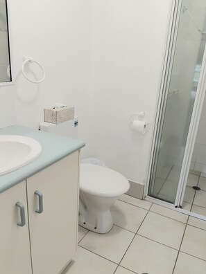 Ein Badezimmer mit Waschbecken, Toilette und einer Duschkabine aus Glas.