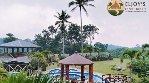 Ein Poolbereich mit Pavillon, Palmen und Blick auf die Gebäude des Resorts.