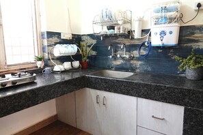 Hair dryer, bidet, towels, soap