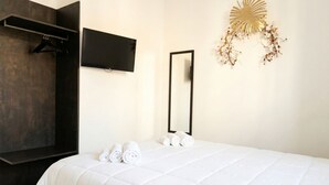 A bedroom with a bed, a TV, a mirror, and a wall-mounted towel rack.