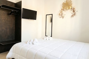 A bedroom with a bed, a TV, a mirror, and a wall-mounted towel rack.