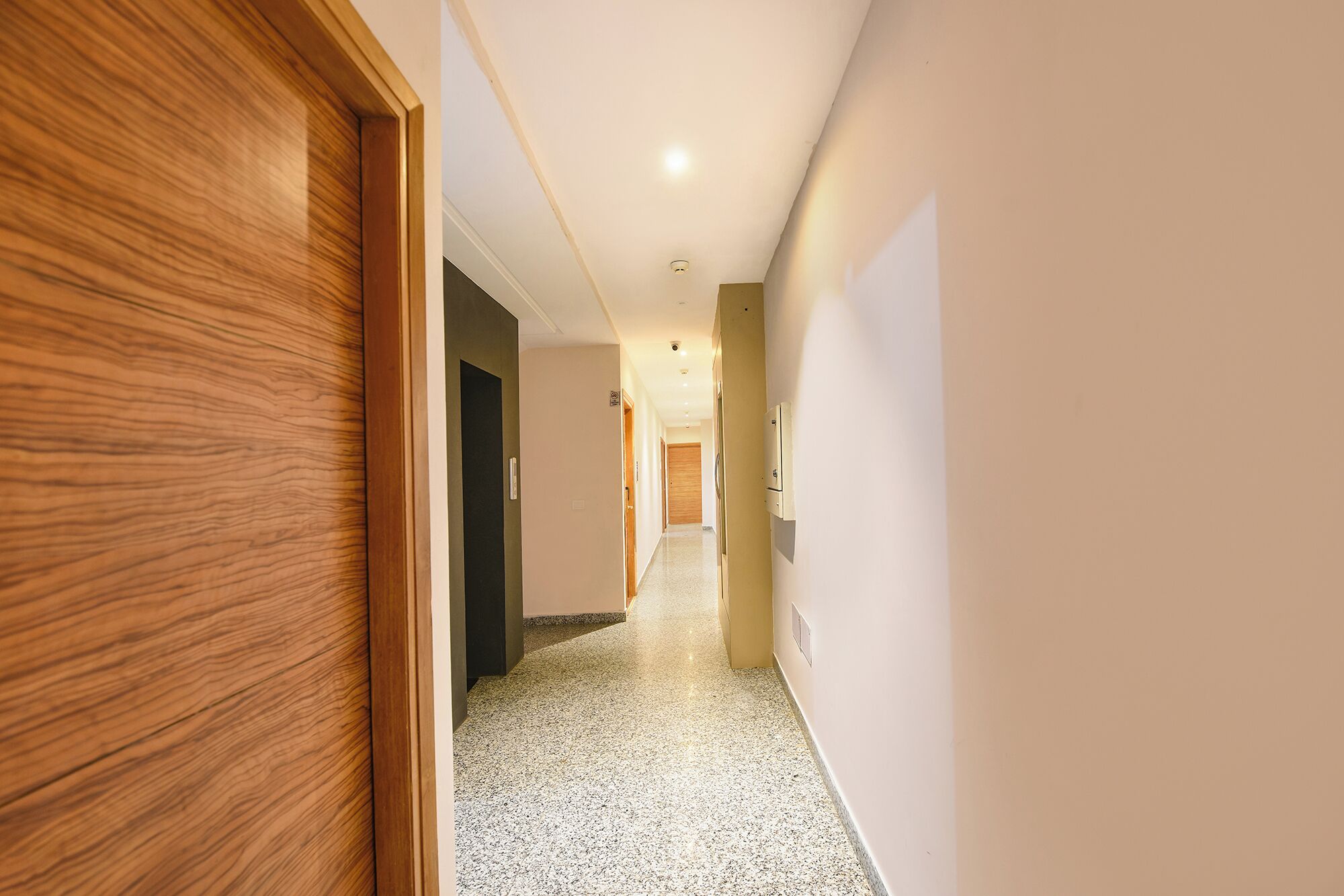 A hallway with a wooden door on the left, a dark door in the middle, and a light switch on the right.
