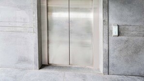 Puerta metálica de ascensor en un edificio de hormigón.