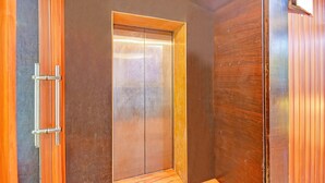 Un ascenseur moderne avec une finition métallique et une porte en bois.