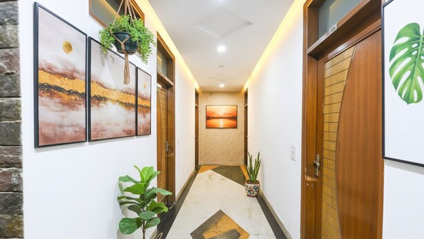 Un pasillo decorado con cuadros enmarcados, plantas en macetas y puertas de madera.