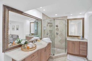 Shower, hair dryer, towels