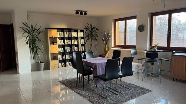 Un grand espace de vie comprenant un coin repas avec une table et des chaises, une bibliothèque et un coin cuisine.