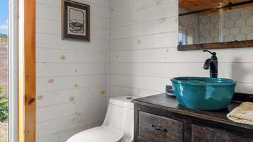 A bathroom with a white toilet, a dark wooden vanity with a teal sink, and a large mirror above the vanity.