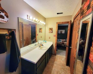 Jetted bath, hair dryer, towels, soap