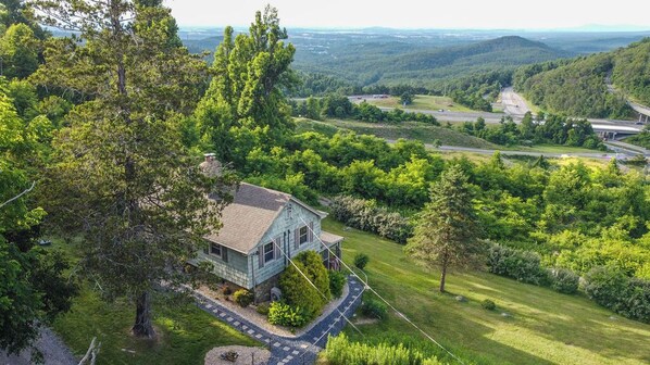 Une maison entourée d’une végétation luxuriante, avec un chemin sinueux qui y mène.