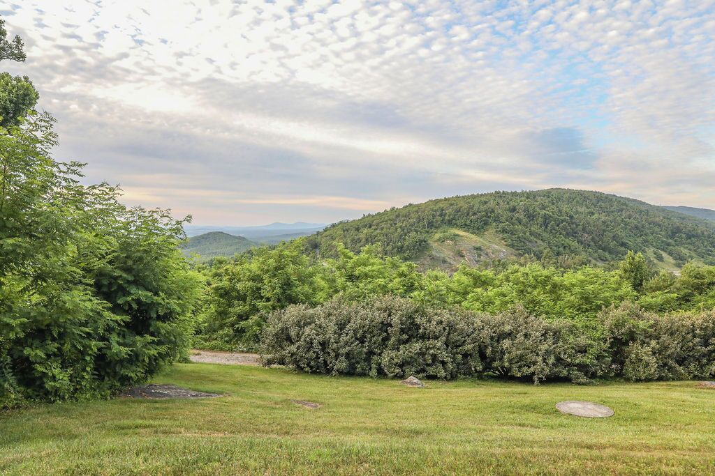 A natural landscape with a grassy field, dense trees, and rolling hills under a partly cloudy sky.