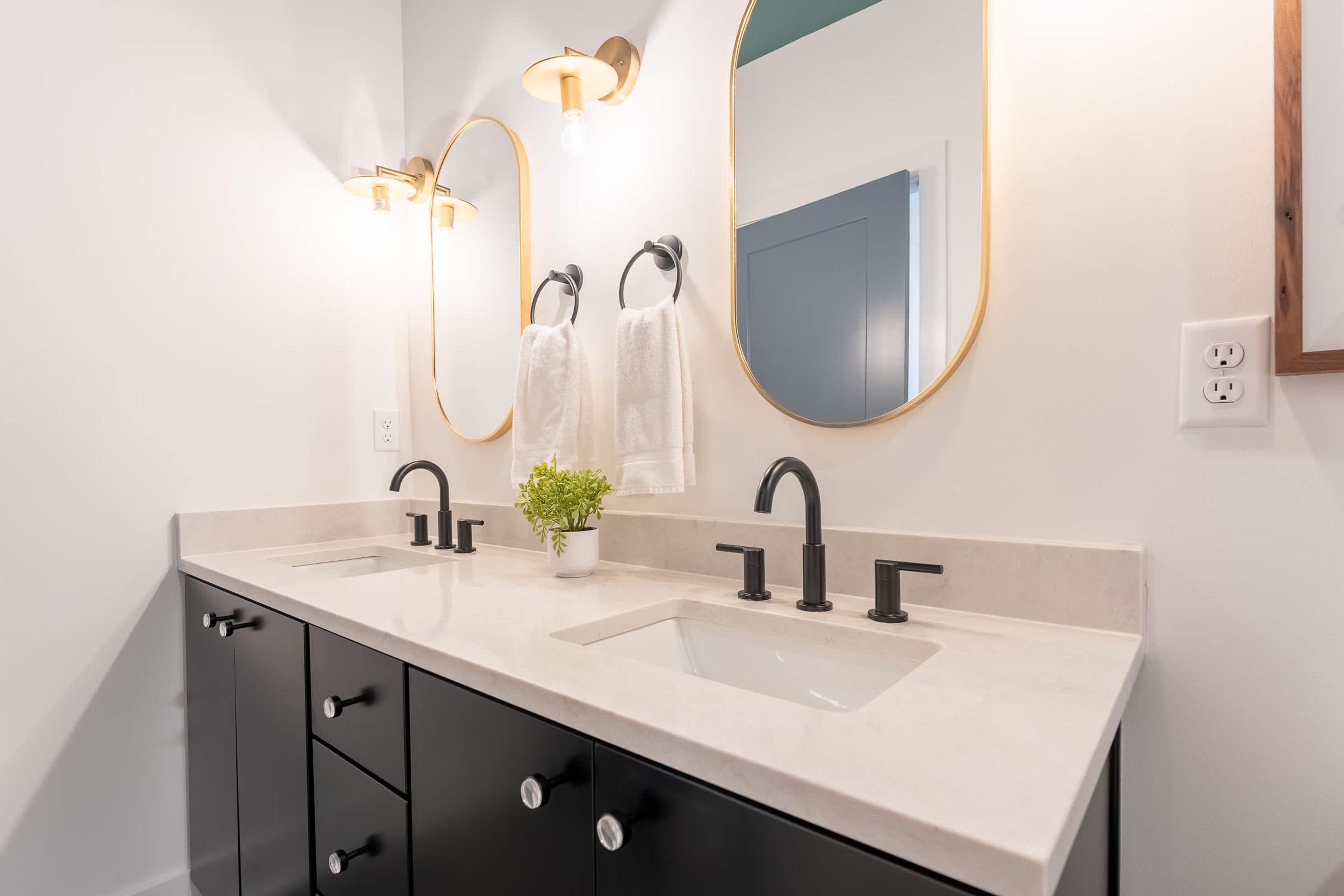 A modern bathroom with two sinks, black faucets, and a potted plant.