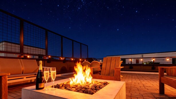 A rooftop terrace with a fire feature, seating, and a bottle of champagne. - Rooftop Fire Pit Lounge Skyline DT Nash Views (Nashville)