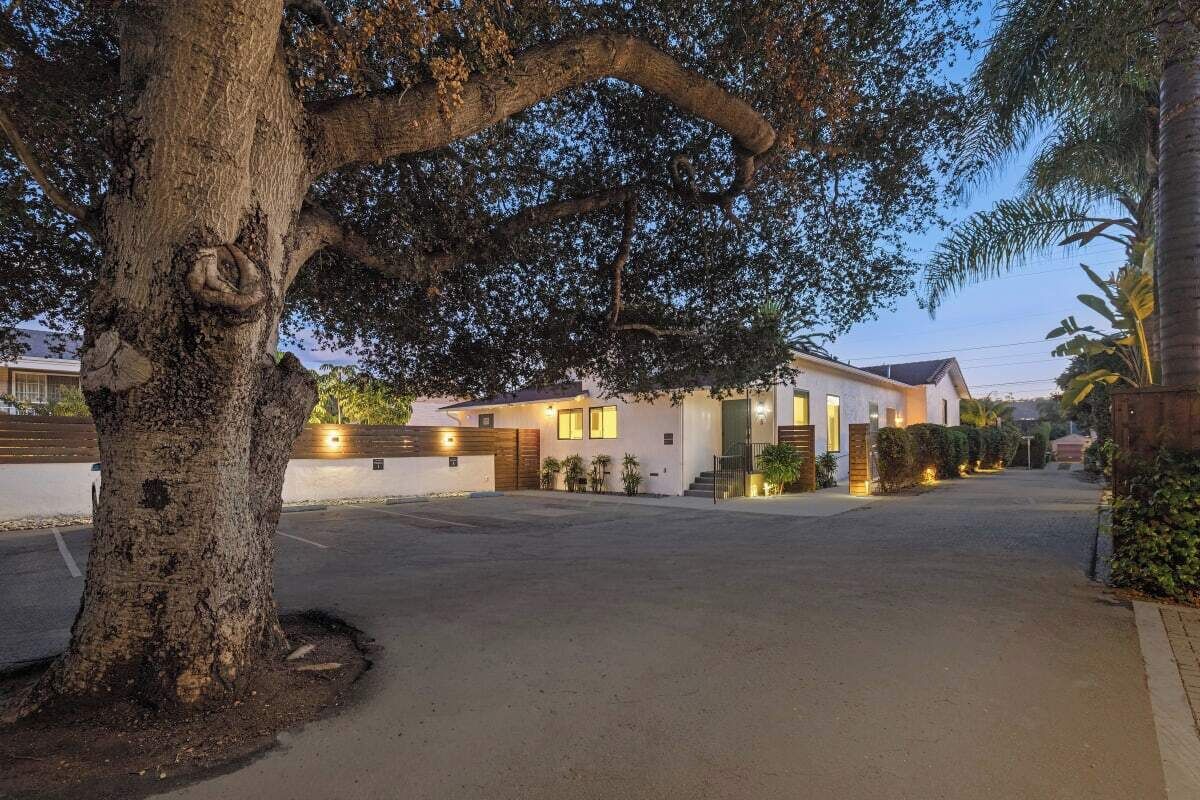 A modern house with a driveway, a large tree, and a well-lit entrance.