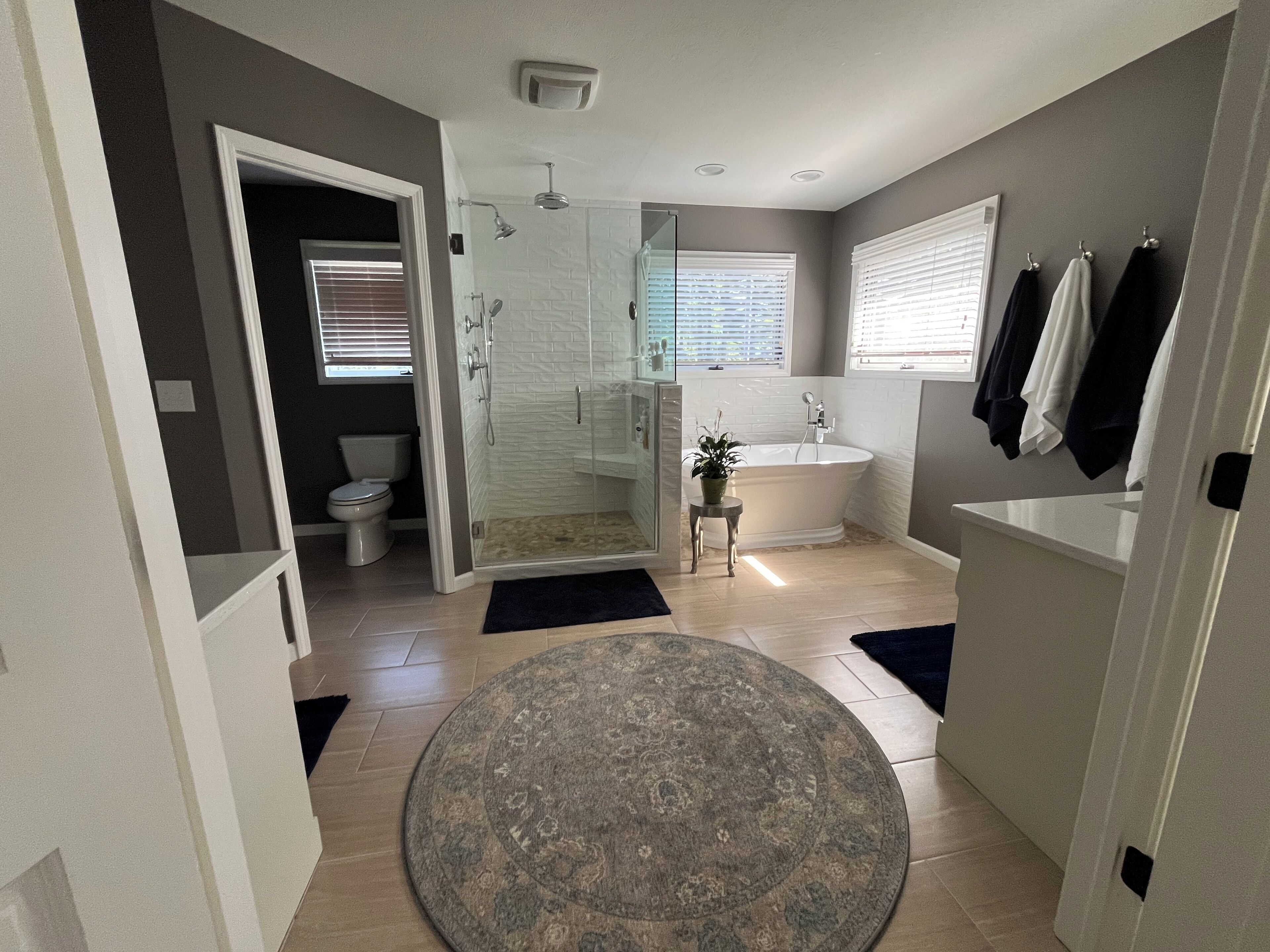 Hair dryer, towels, soap, toilet paper