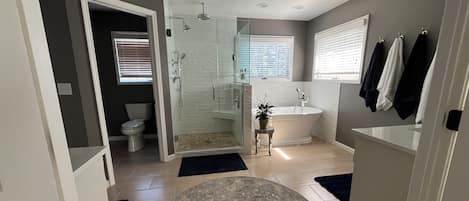 Hair dryer, towels, soap, toilet paper