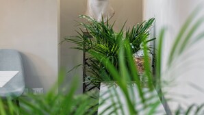 A statue in a hallway with a chair and potted plants. - Roma Suite Hotel (Rome)